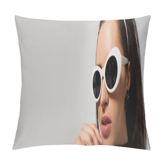 Personality  Young Woman In White Retro Sunglasses Isolated On Grey, Banner Pillow Covers