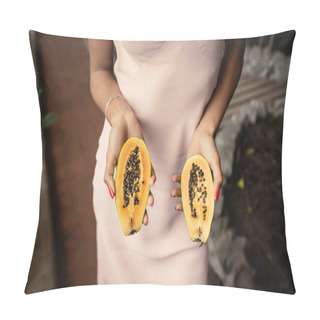 Personality  Cropped View Of Trendy Young African American Woman In Summer Dress Holding Fresh Cut Papaya While Standing In Garden Center, Fashion-forward Lady Inspired By Tropical Plants, Summer Concept Pillow Covers