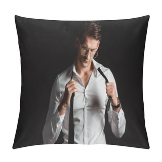 Personality  Handsome Businessman In Glasses Taking Off Tie Isolated On Black  Pillow Covers