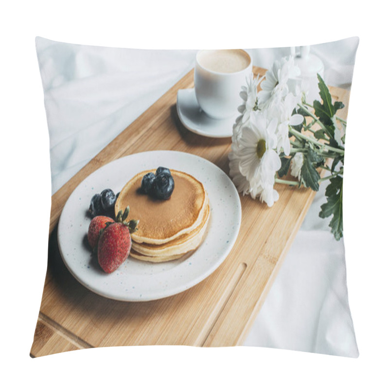 Personality  breakfast in bed with pancakes and coffee on wooden tray pillow covers