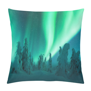 Personality  Northern Lights In Winter Forest. Aurora Borealis. Sky With Polar Lights And Stars. Night Winter Landscape With Aurora And Pine Tree Forest. Landscape Photography Pillow Covers