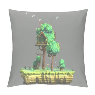 Personality  3d Rendering Pixel Art. Nature Scene With Ground, Grass, Bushes, Flowers And Little Tree House. Game Background. Isometric Summer Lawn. Side View Pillow Covers