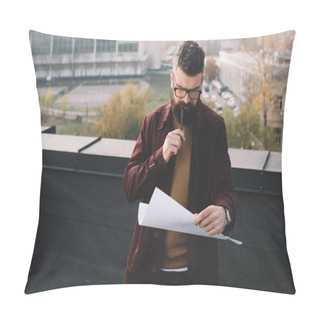 Personality  Pensive Adult Male Architect In Glasses Holding Blueprint And Working On Project On Rooftop Pillow Covers