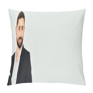 Personality  Portrait Of Happy And Elegant Bearded Businessman In Black Suit Smiling At Camera On Grey, Banner Pillow Covers
