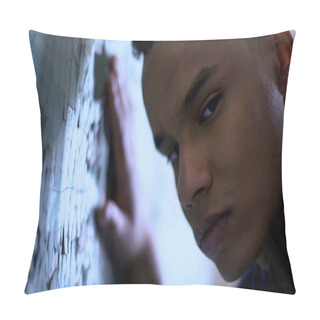 Personality  Afro-american Boy Leaning On Flaky Wall, Poverty And Life Difficulties, Sadness Pillow Covers