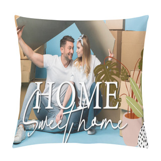 Personality  Happy Couple Holding Carton Roof Over Heads While Sitting On Blue With Cardboard Boxes For Relocation, Home Sweet Home Illustration Pillow Covers