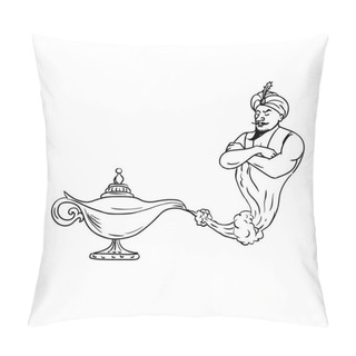 Personality  Drawing Sketch Style Illustration Of An Arabian Genie Coming Out Of An Old Oil Lamp On Isolated White Background Done In Black And White. Pillow Covers