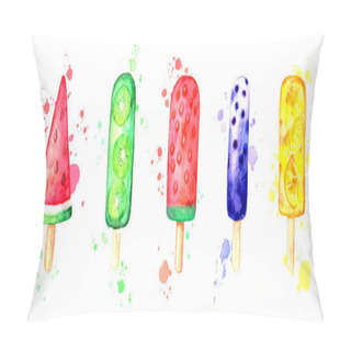 Personality  Watercolor Fruit Ice Cream Set With Splashes Isolated On White Background. Retro Style Watercolour Hand Drawn Illustration. Kiwi, Watermelon, Strawberry, Blueberry, Citrus Multicolor Ice-creams. Pillow Covers