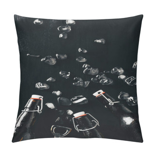 Personality  Flat Lay With Bottle Opener, Glass Bottles Of Beer And Ice Cubes Arranged On Dark Tabletop Pillow Covers