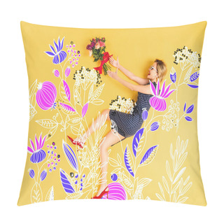 Personality  Top View Of Young Happy Elegant Woman With Bouquet Of Roses Lying On Yellow Background With Floral Illustration Pillow Covers