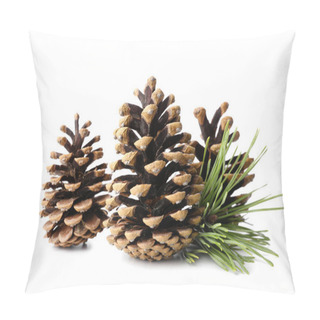 Personality  Beautiful Pine Cones And Fir Branch On White Background Pillow Covers