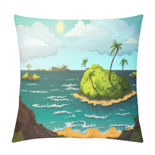 Personality  Landscape With Islands In Ocean. Tropical Beach With Mountains, Palm Trees, Yellow Sand, Turquoise Ocean Water, Blue Sky And Clouds. Sunny Summer Scenery Background. Vector Illustration Pillow Covers