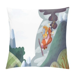 Personality  Cute Cartoon Monster Pilot Flying A Plane On A Forest Background With Empty Space Background Pillow Covers