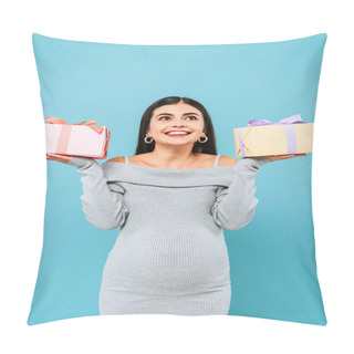 Personality  Smiling Pregnant Pretty Girl Holding Presents Isolated On Blue Pillow Covers