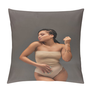 Personality  Young Attractive African American Woman In Beige Pastel Underwear Posing Seriously, Fashion Concept Pillow Covers