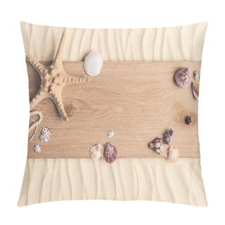 Personality  Summer Travel Template With Seashells On Wooden Pier On Light Sand Pillow Covers