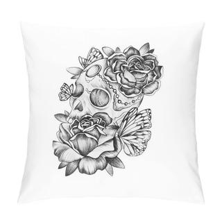 Personality  Sketch Of Skull In Flowers On White Background. Skull With Roses And Butterfly. Pillow Covers