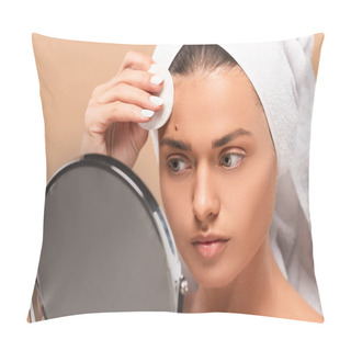 Personality  Young Woman Holding Cotton Pad While Looking At Mirror Isolated On Beige  Pillow Covers