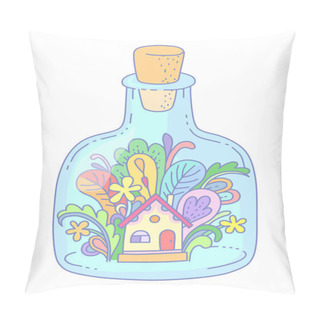 Personality  A Tiny House With Fantastic Plants Inside A Glass Bottle.  Illustration At Cartoon Style Isolated On White Backgroun Pillow Covers
