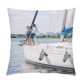 Personality  Beautiful Stylish Couple Hugging While Standing Together On Yacht Pillow Covers