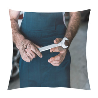 Personality  Cropped View Of Auto Mechanic With Mud On Hands Holding Hand Wrench In Car Repair Station  Pillow Covers