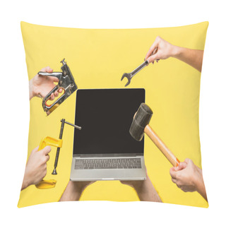 Personality  Cropped Shot Of Hands Holding Tools And Laptop With Blank Screen Isolated On Yellow  Pillow Covers