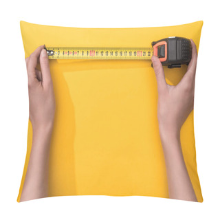 Personality  Top View Of Man Holding Industrial Measuring Tape On Yellow Background Pillow Covers