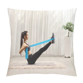 Personality  Young Woman Exercising With An Elsatic Band On The Floor At Home Pillow Covers