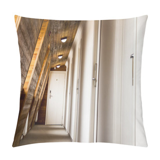 Personality  Perspective Of A Corridor With Wooden Walls In A Hotel Or Dorm Pillow Covers