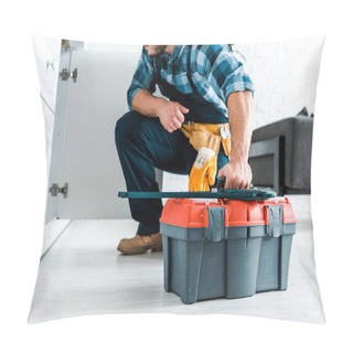 Personality  Cropped View Of Bearded Handyman Sitting And Holding Toolbox  Pillow Covers