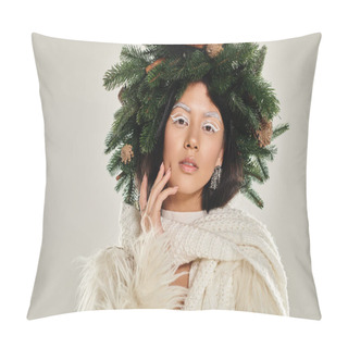 Personality  Asian Beauty, Alluring Woman With Natural Pine Wreath Posing In White Clothes On Grey Backdrop Pillow Covers
