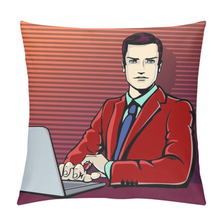 Personality  Vector Illustration Of Successful Businessman With Computer In Pop Art Comics Retro Style Or Cartoon Style Casting Shadow, Halftone. Conception Of Interruption, Attention, Working, Analyzing. Pillow Covers