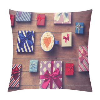 Personality  Cup And Gift Boxes On Wooden Background Pillow Covers