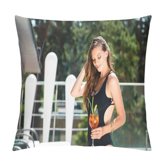 Personality  Attractive Woman In Swimming Suit Posing With Cocktail On Resort Pillow Covers