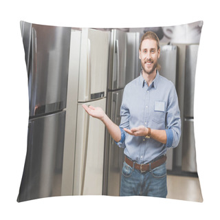 Personality  Smiling Consultant Pointing With Hands At Fridge In Home Appliance Store  Pillow Covers