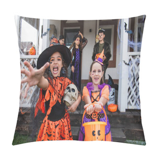 Personality  Girl In Witch Costume Screaming With Outstretched Hand Near Smiling Friend With Trick Or Treat Bucket Pillow Covers
