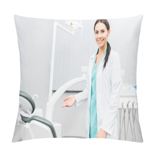 Personality  Smiling Female Dentist Showing Chair In Dental Clinic  Pillow Covers