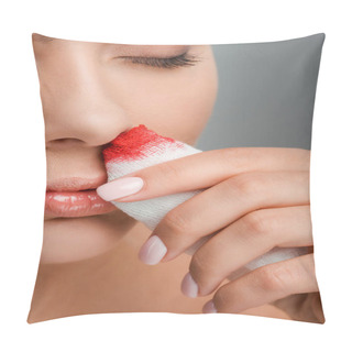 Personality  Cropped View Of Injured Woman Holding Bandage With Blood Isolated On Grey  Pillow Covers