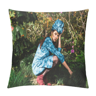 Personality  Sad Pensive Woman In Blue Dress And Turban Sitting In Botanical Garden Pillow Covers