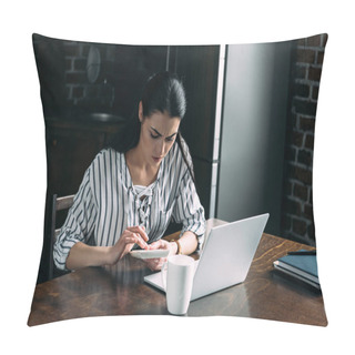 Personality  Young Woman With Calculator And Laptop Counting Tax At Home On Kitchen Pillow Covers