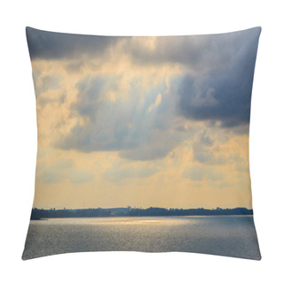 Personality  Beautiful Sunrise Over The Sea In The Morning On Cloudy Day That Sun Beams Break Through The Clouds. Sun Beaming Through Clouds With Urban Landscape, If You Zoom In Will See The Small Fishing Boats. Pillow Covers