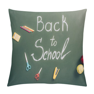 Personality  Top View Of Back To School Lettering Near School Supplies And Ripe Apples On Green Chalkboard  Pillow Covers