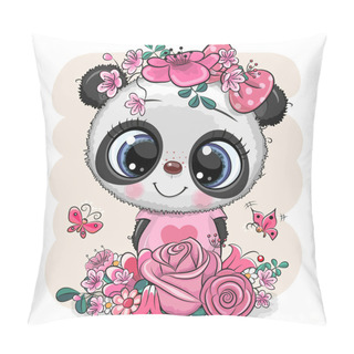 Personality  Cartoon Panda With Flowers On A White Background Pillow Covers