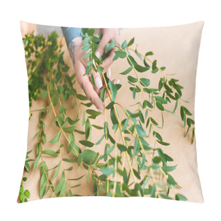 Personality  Close-up Partial View Of Florist With Tattooed Hands Arranging Green Plants At Workplace  Pillow Covers