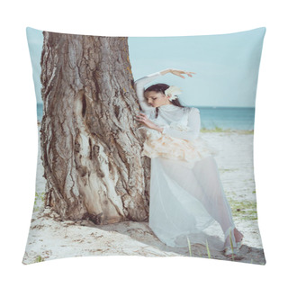 Personality  Young Woman In White Swan Costume Standing Near Three Trunk On Beach Pillow Covers