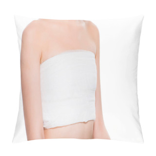 Personality  Cropped View Of Young Woman With Bandaged Breast After Plastic Surgery Isolated On White  Pillow Covers