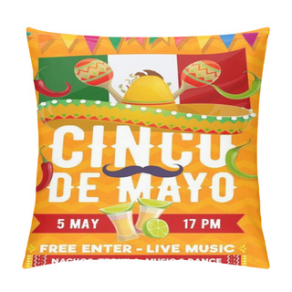 Personality  Cinco De Mayo Vector Flyer. Mexican Sombrero With Mustaches, National Flag, Tequila Shots With Lime And Jalapenos Red And Green Peppers With Garlands. Fiesta Party Event Invitation Card, Free Enter Pillow Covers