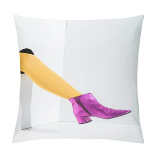 Personality  Cropped Image Of Woman Showing Leg In Bright Yellow Tights And Ultra Violet Shoe In Hole On White Pillow Covers