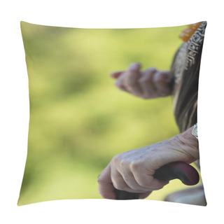 Personality  Aged Woman Walking With Her Stick Pillow Covers