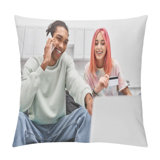 Personality  Appealing Jolly Diverse Couple Looking At Laptop While Holding Credit Card And Talking By Phone Pillow Covers